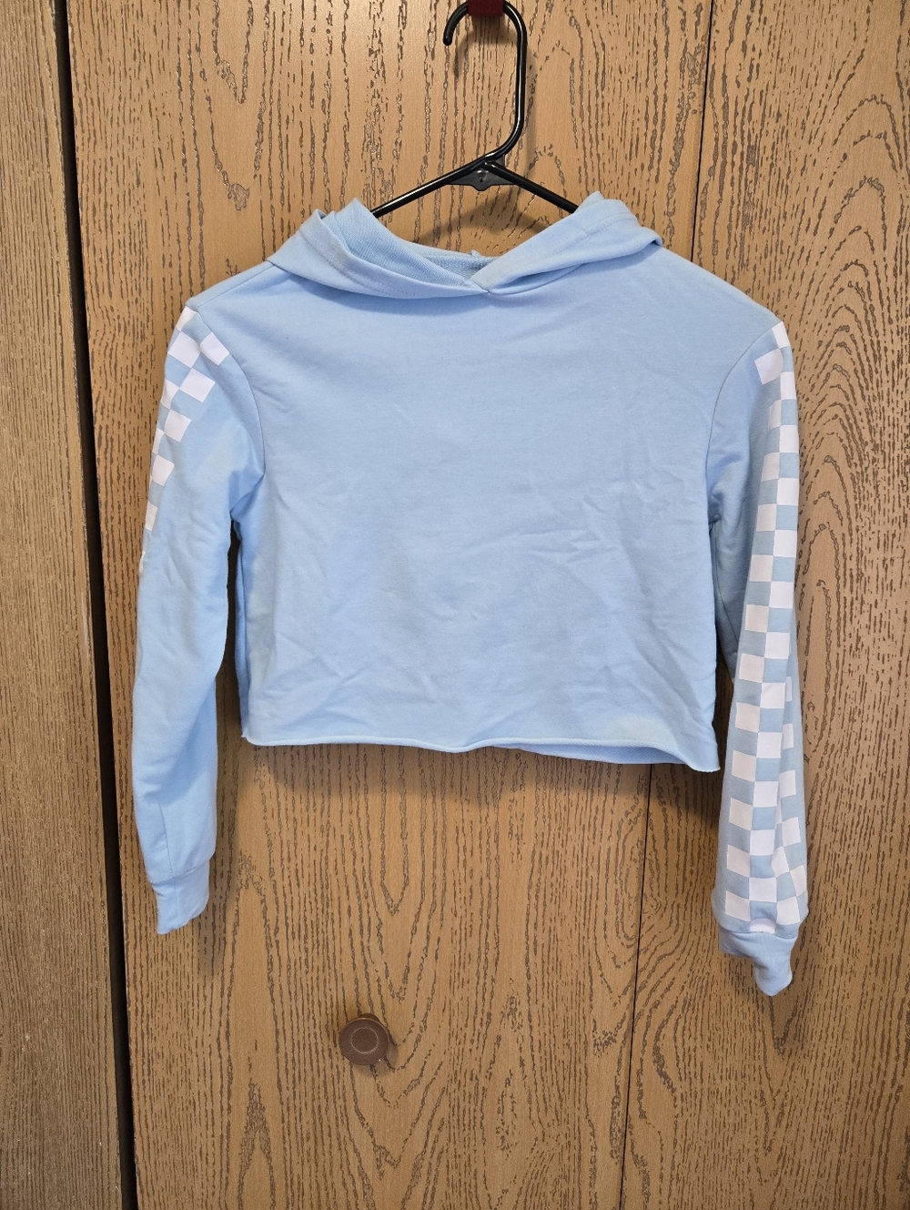 Light Blue Check-Print Crop Hoodie - Kids